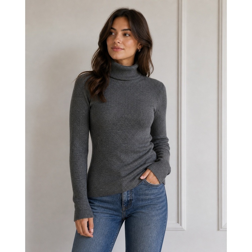 Ellen Tracy Sweater Womens Medium Gray Ribbed Turtleneck Minimalist